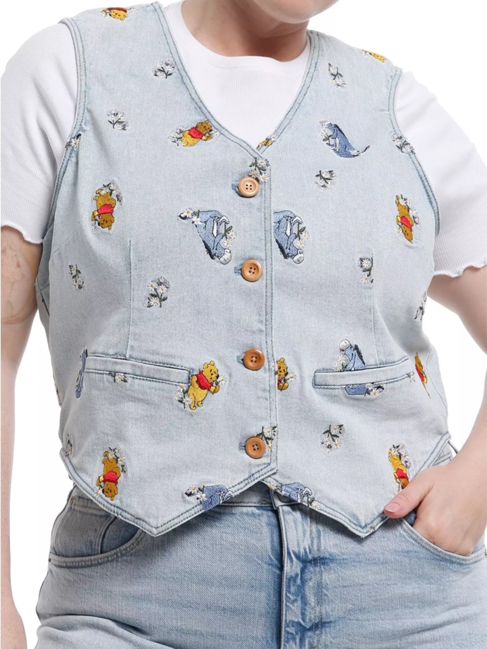 Her Universe Light Blue Denim Vest with Winnie the Pooh Embroidery